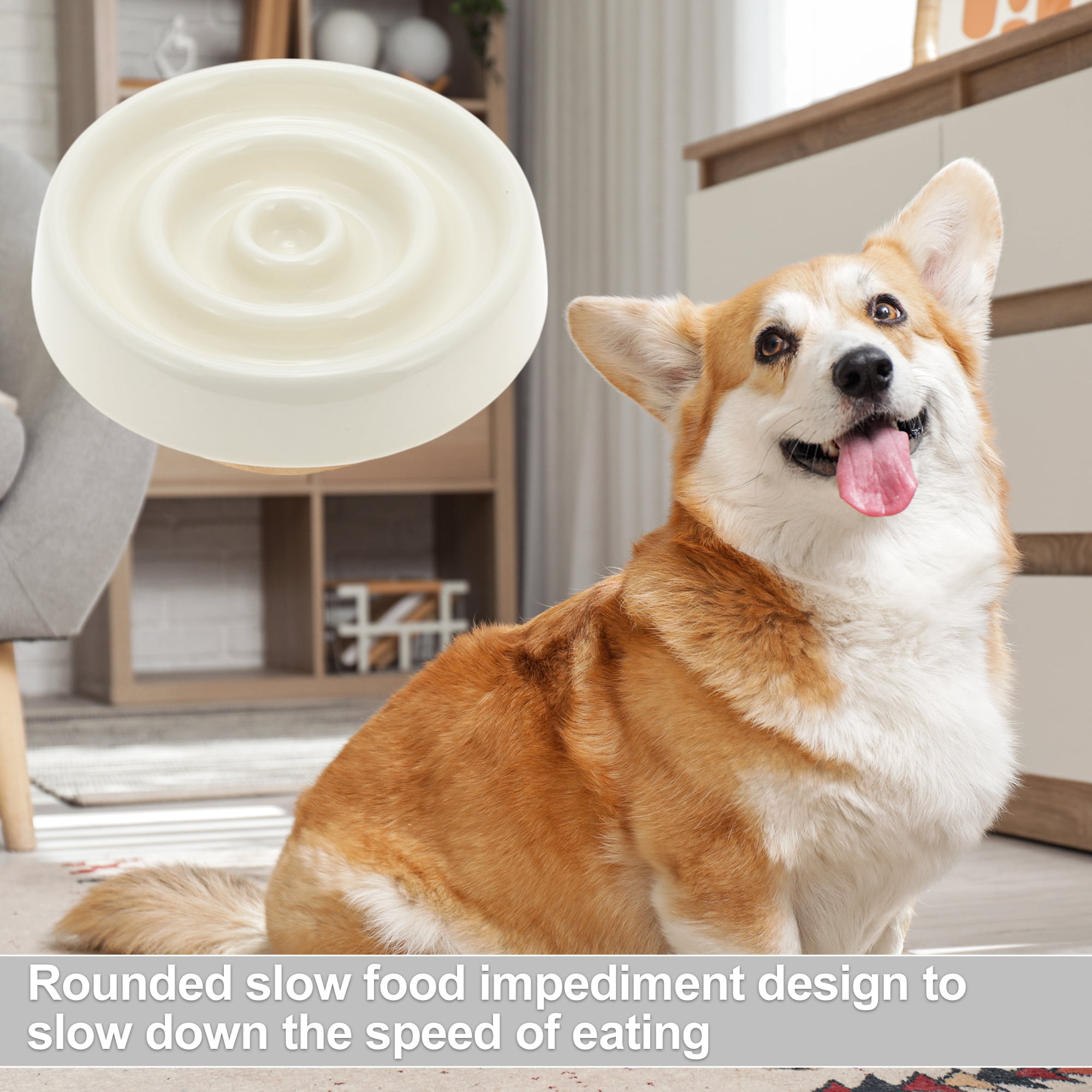 Unique Bargains Slow Feeder Dog Bowls with Wooden Base Apricot