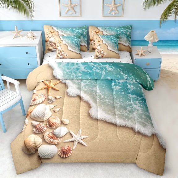 Manfei Beach Wave Seashell Starfish Collection Bedding Comforter Set for Kids Boys and Girls, Coastal Ocean Print Queen Bedding Sets, Reversible 7pcs