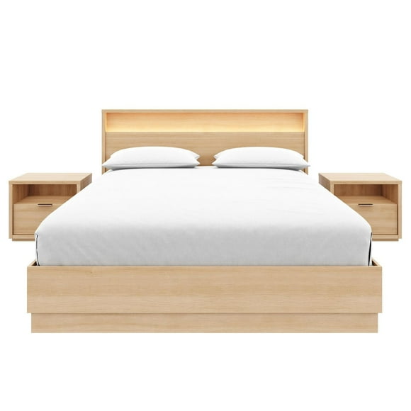 Harlow 4 Piece Queen Size Bedroom Set with Slatted Bedframe, Headboard with Integrated Light, 2 Nightstands