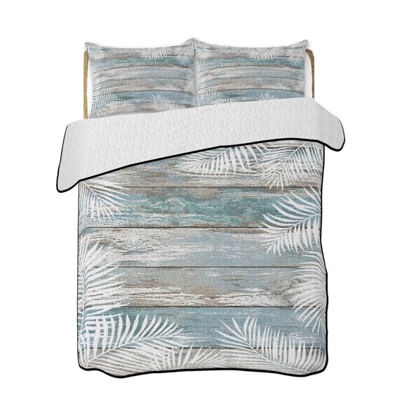 Palm Leaves Quilts Bedding Set Twin Size Rustic Vintage White Tropical Fronds Blue Wood Grain Lightweight Quilted Bedspread 3 Piece Bed Quilt with 2 Pillow Shams All Season for Bedroom 68" x 86"