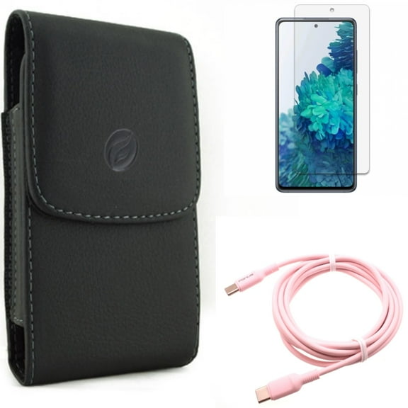 Pink 10ft Long Cable & Screen Protector & Case Belt Clip for Samsung Galaxy S20 Fan Edition - USB-C to Type-C PD Fast Charger   Anti-Glare Tempered Glass   Leather Holster Combo
