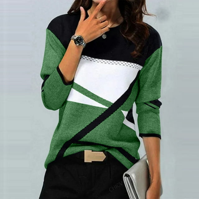 DPTALR T-shirt Décontracté pour Femmes à Imprimé Géométrique, Blouse à Manches Longues, Col Rond, Hauts Décontractés