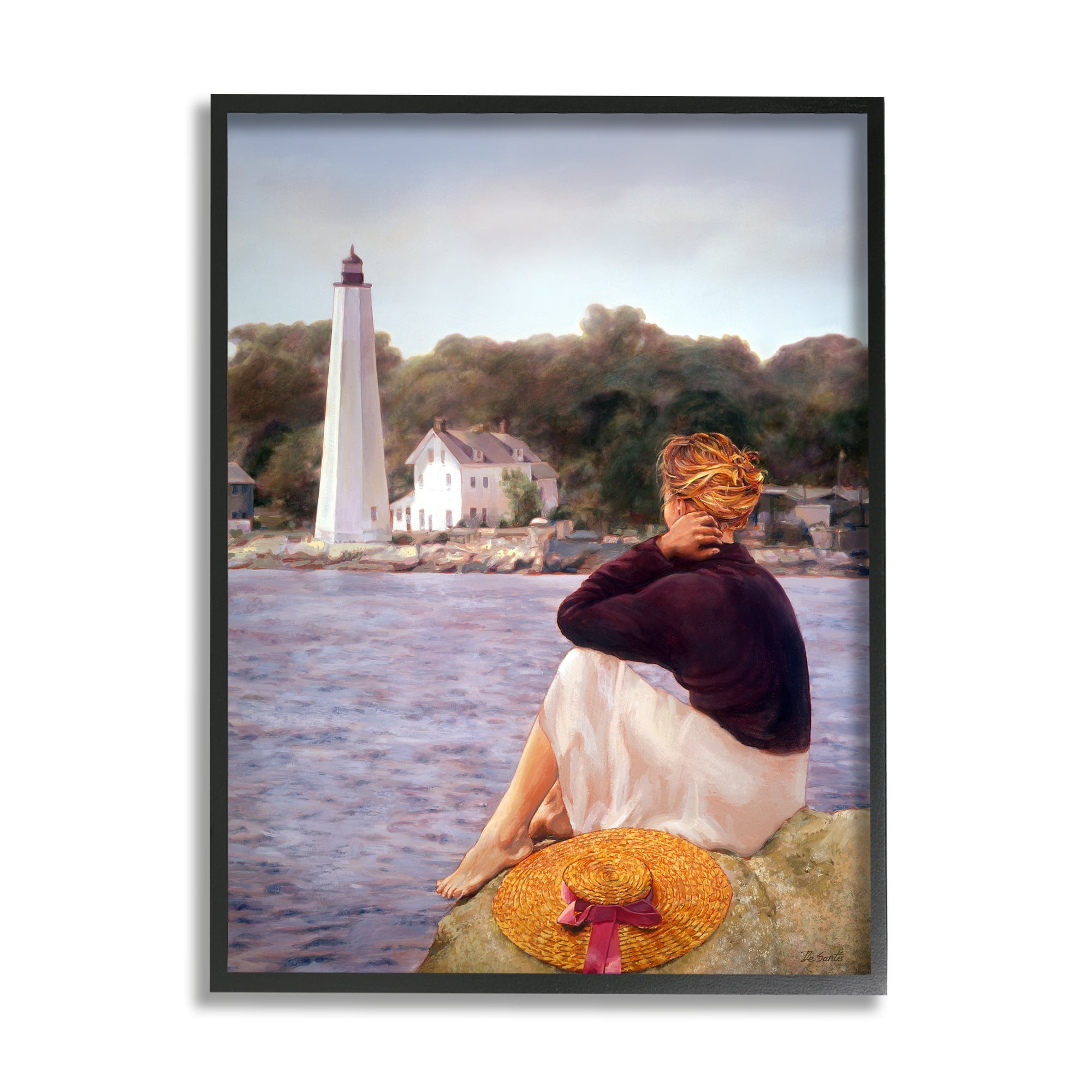 Stupell Industries Woman at Shoreline Coast Lighthouse Realistic Nautical Painting, 24 x 30, Design by Robert Desantis