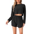 thumbnail image 1 of INSPIRAR CHIC Pijamas de mujer para estar en casa, tops de manga larga con corte y pantalones cortos con abertura, conjuntos XS en negro, 1 of 5