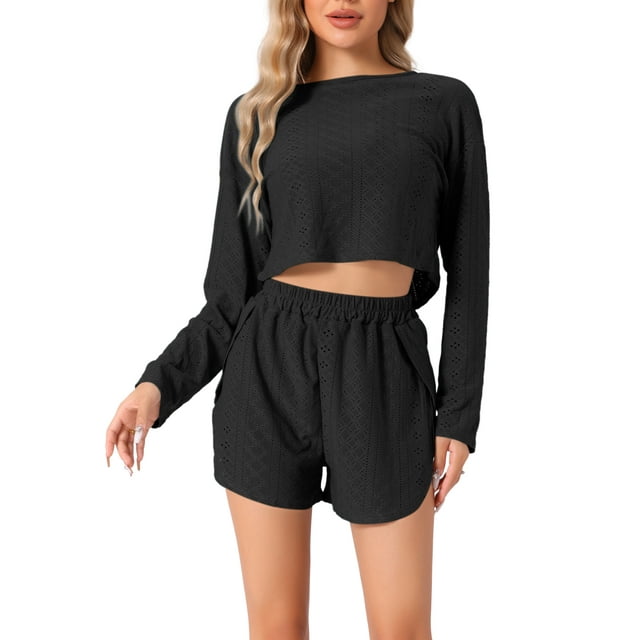 INSPIRAR CHIC Pijamas de mujer para estar en casa, tops de manga larga con corte y pantalones cortos con abertura, conjuntos XS en negro