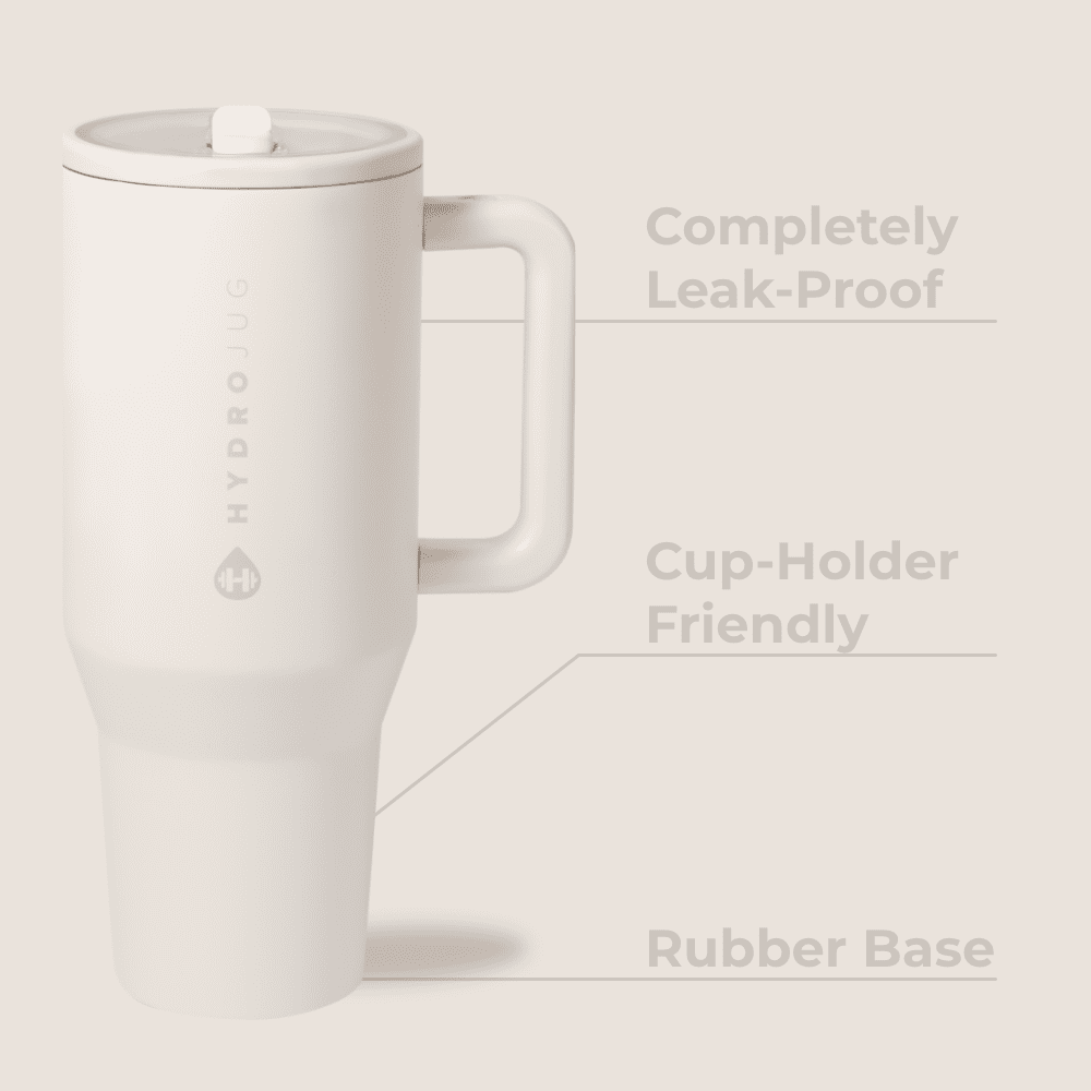HydroJug Traveler 32 oz Water Bottle, Stainless Steel Insulated Tumbler with Flip Straw and Handle - Cream