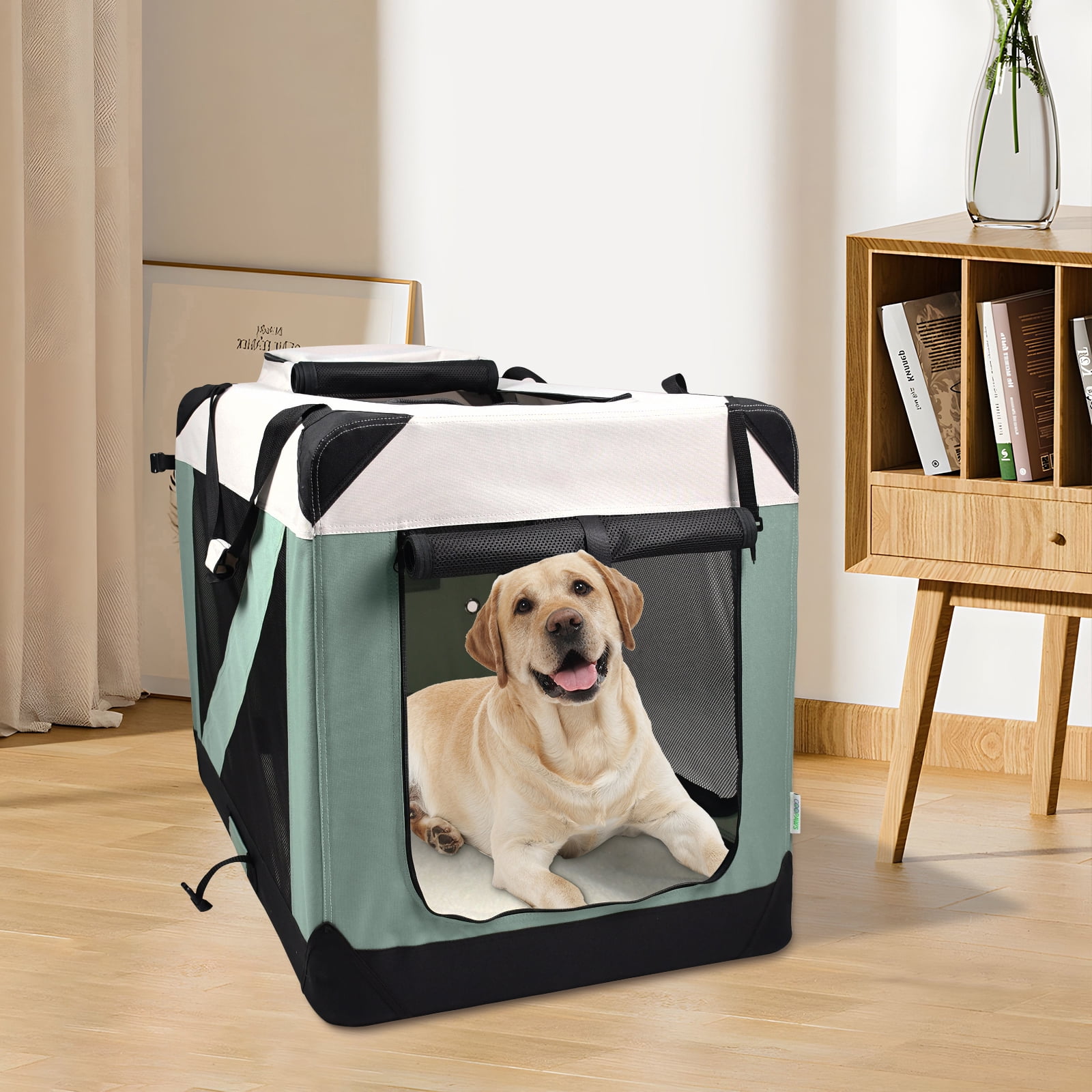 ZAKAPAWS Collapsible Soft Dog Crate, Portable 3 Door Dog Kennel, Travel Pet Crate Carrier for Indoor and Outdoor (Shale Green, 24" L x 16.5" W x 16.5" H)