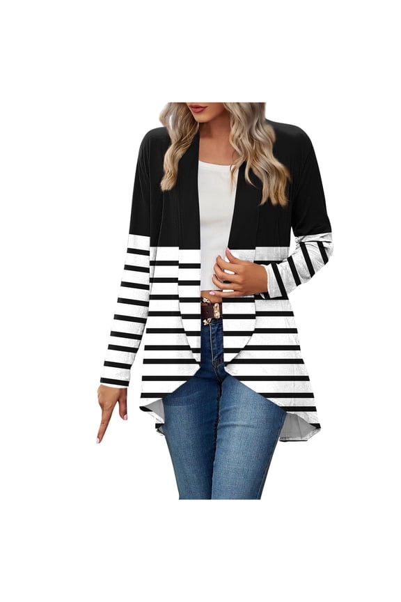 Lightweight Cardigans for Women Casual Long Sleeve Open Front Striped Cardigans Soft Draped Lapel Dusters