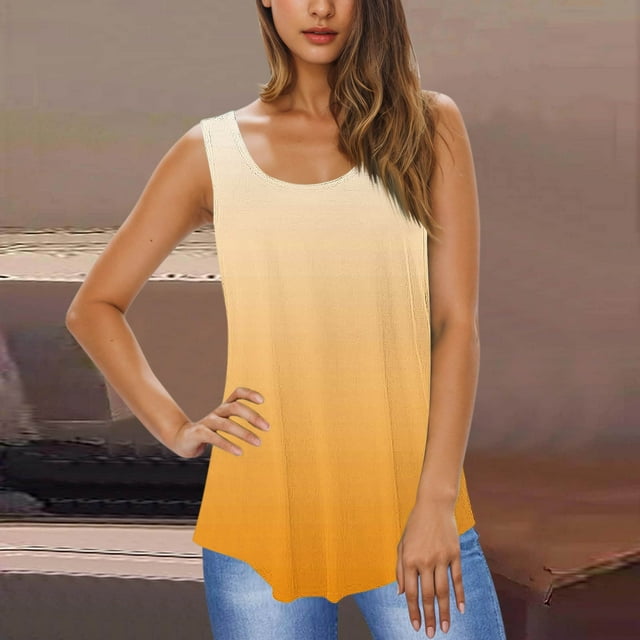 Débardeurs pour Femmes Grande Taille Sans Manches Col Rond Uni Ample Chandail T-shirt Jaune G