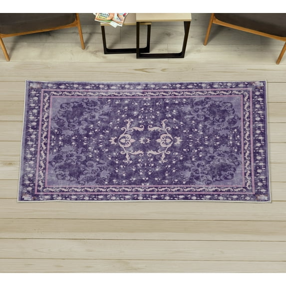 Damask Decorative Rug, Vintage Floral Motives and Weathered Toned Curlicues Bohemian Art Rustic, Quality Carpet for Bedroom Dorm and Living Room, 6 Sizes, Quartz Lavender Rose, by Ambesonne