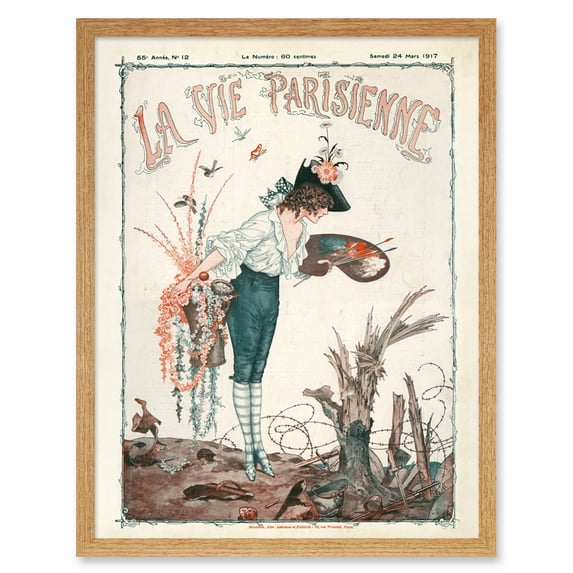 Vintage French Fashion La Vie Parisienne Spring 1917 WW1 Trench Magazine Cover Art Print Framed Poster Wall Decor 12x16 inch