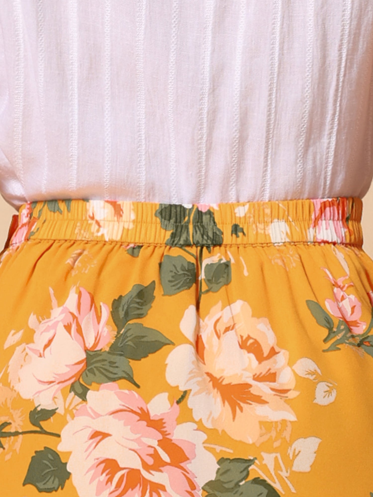 DARING DIVA Women's Floral Ruffle Hem Elastic Back Split Skirt L Yellow