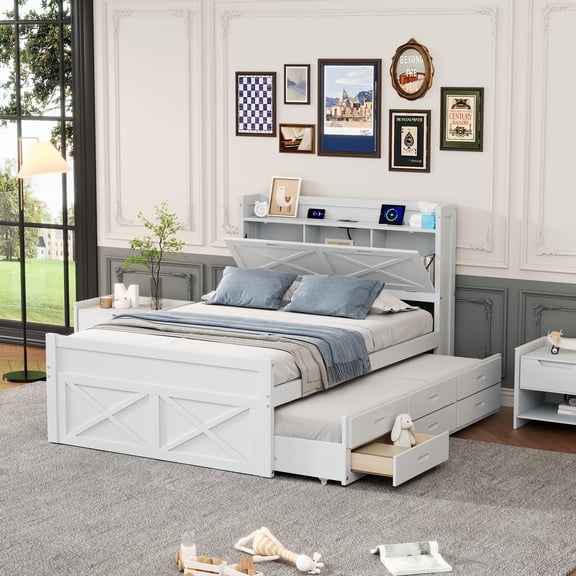 Pinovk Full Size Wooden Bed with Storage Headboard with Outlets, Extendable Bed with Twin Size Trundle with Three Storage Drawers,White
