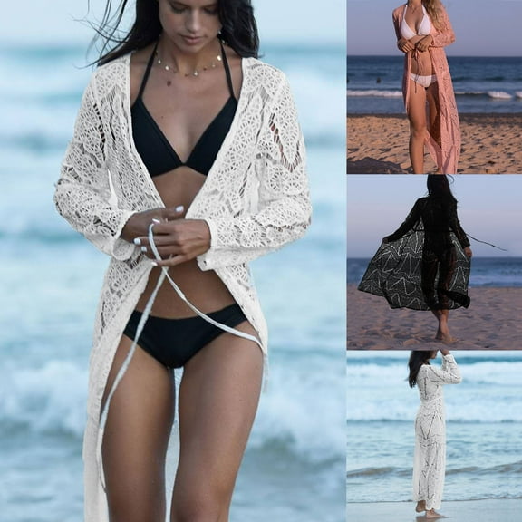 Jacenvly 2024 Women's Beach Cover-Ups Quick Drying Women Fashion Bathing Suit Bikini Swimwear Beach Hollow Swimsuit Smock Solid Trendy Black