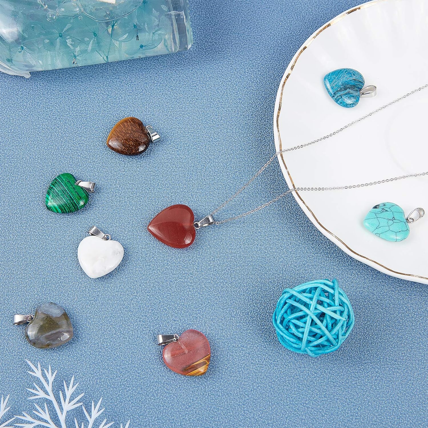50PCS Heart Beads Pendants Gemstone Stone Charms Healing Stone Beads Pendants for DIY Necklace Jewelry Making-Assorted Color PlatinumDIY