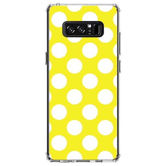 DistinctInk Clear Shockproof Hybrid Case for Samsung Galaxy Note 8 - TPU Bumper, Acrylic Back, Tempered Glass Screen Protector - White & Yellow Polka Dots