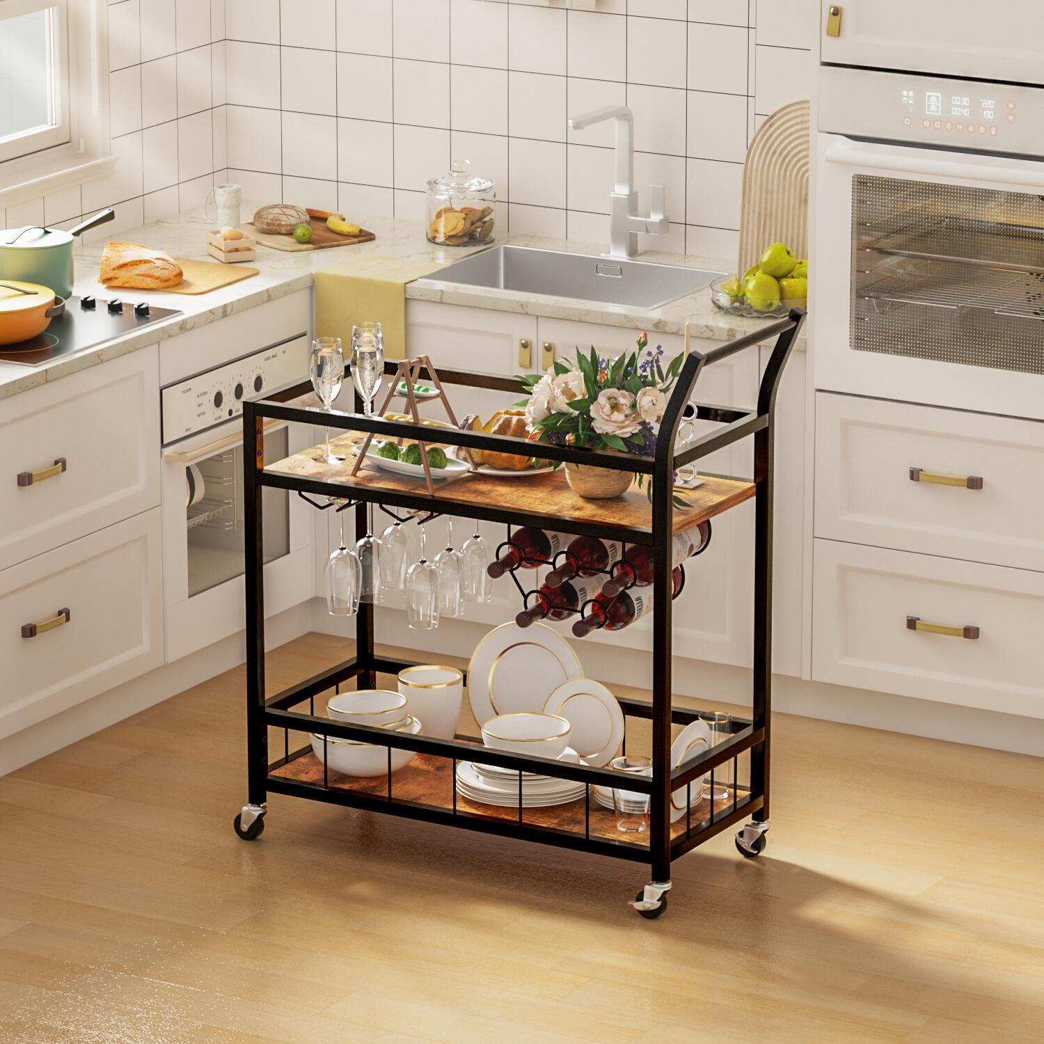 Lacoo Bar Cart Gold, Home Bar Serving Cart, Wine Cart with 2 Shelves, Wine Holders, Glass Holders, for Kitchen, Dining Room, Black
