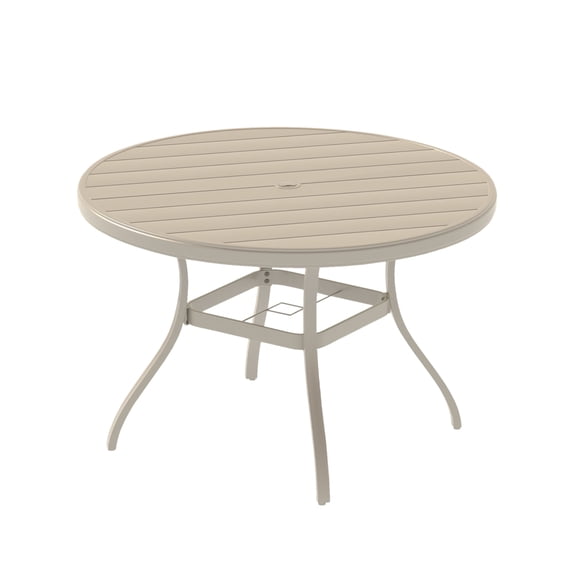 Miekor Furniture Outdoor Round Patio Dining Table for 4-6, All Weather Metal Dining Table with Umbrella Hole for Deck Lawn Garden Backyard, Sandstone Color MK8017