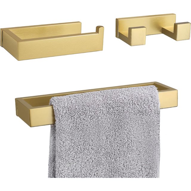 3 Pieces Brushed Gold Bathroom Hardware Accessories Set,SUS304 Stainless Steel Towel Holder Set Towel Holder Robe Hook Toilet Paper Holder Wall Mounted