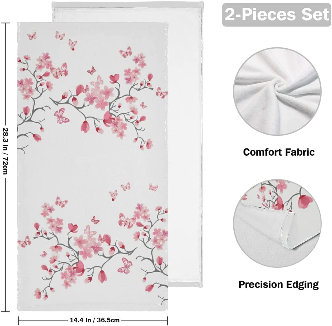 Cherry Blossom Hand Towel Set of 2 Absorbent Pink Butterfly Floral Bath Towels Soft Cherry Blossoms Flower Fingertip Face Towel for Bathroom Kitchen Hotel Spa Decor Gift 28.3x14.4 Inch