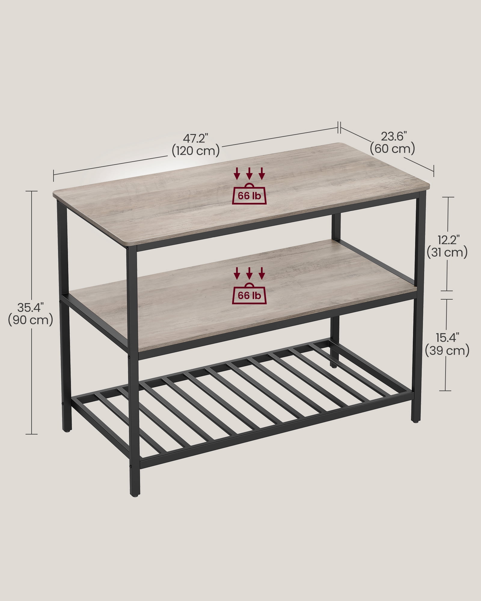Kitchen Island with 3 Shelves, Island Table, 47.2 Inches Width Kitchen Shelf with Large Worktop, Stable Steel Structure, Industrial