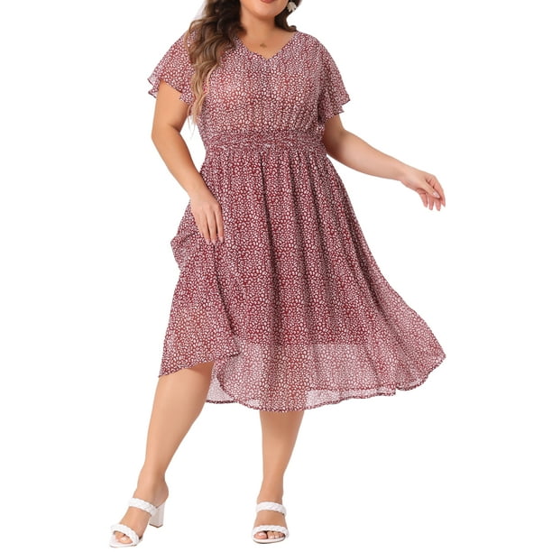 GRACE & GRANDEUR Vestido Floral de Talla Grande para Mujeres, Chiffon Boho, Escote en V, Mangas Cortas con Volantes, Cintura Fruncida, Vestidos Midi de Verano 1X Burdeos