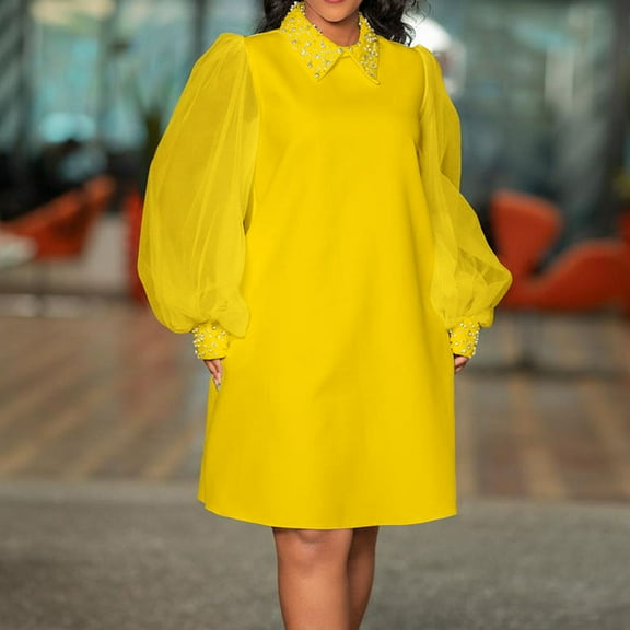 Women Casual Solid Dress Mesh Long Sleeve Turtleneck Bead Dress Button Loose Dress Wrap Dresses Summer Petite Womens Dresses Floral Dresses Womens Dresses Summer Long Long Sleeve Casual Dress for