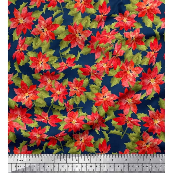 Soimoi Cotton Duck Fabric Holly Leaves & Floral Print Sewing Fabric Yard 42 Inch Wide