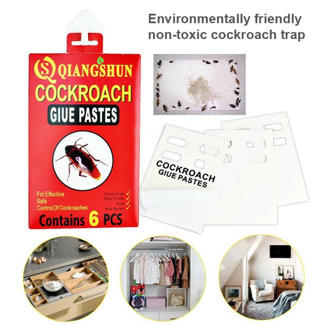 6 uds pegatina para cucarachas, placa de pegamento, trampas de cebo para cucarachas para el control de plagas en el hogar — caja roja con seis placas adhesivas blancas de papel+viscosa (13.8 x 24.5 cm) apiladas, ejemplo de placa con cucarachas atrapadas y tres círculos mostrando uso en cocina, clóset y sala; NO TÓXICO y paquete de 6 piezas; a menudo se usa también para detectar zonas de actividad de roedores e insectos.