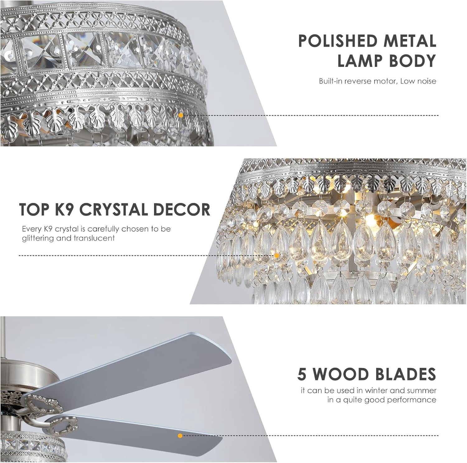PHORUS 52'' Modern Crystal Ceiling Fan with Lights Remote Control,5 Blades Fandelier Ceiling Fan with Light,Whisper-Quiet Motor,Elegant Chandelier Fan for Living Room,Silver