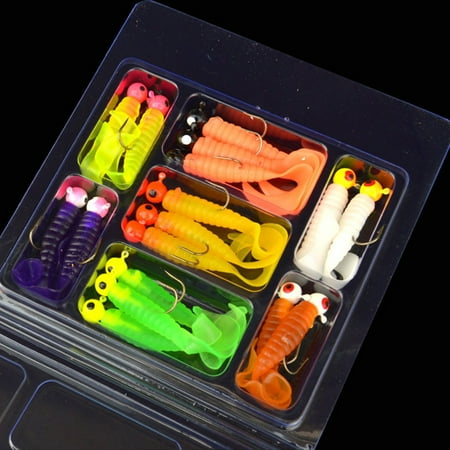 Yatlte Soft Plastic Fishing Lure Jig Head Hook Kit Ball Jig Heads Hooks with Bait Worms Lure Set Crappie Jigs Tubes Baits 3D Eyes Long Tail for Bass Trout