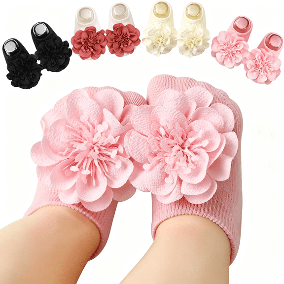 OQRKI Baby Girl Socks with Non-Slip Grips, 4 Pairs Cute Soft Cotton Breathable Flower Infant Ankle Socks for Newborn Newborn Socks