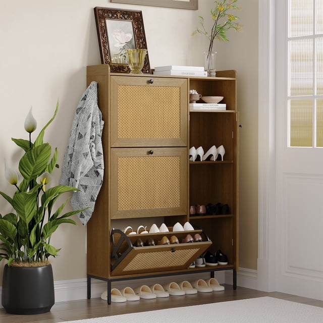 Bingirl 3 Tier Shoe Cabinet with Natural Rattan Flip Drawers for Entryway, Free Standing Shoe Storage Organizer with Adjustable Shelves, Narrow Shoe Rack
