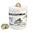 thumbnail image 1 of Fishing Piggy Bank, Hand Drawn Tools Set Rod Salmon and Perch Bucket Net Float Ribbon Print, Ceramic Coin Bank Money Box for Cash Saving, 3.6" X 3.2", Black White, by Ambesonne, 1 of 4