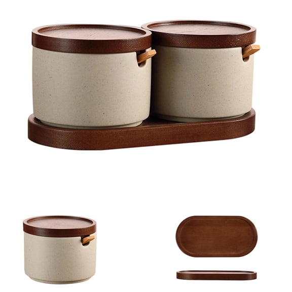 Ceramic Spice Jar Set with Wooden Tray, Seasoning Containers with Lids and Spoons