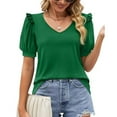 thumbnail image 5 of Slatcetga Puff Sleeve Blouse V Neck Pure Color Frill Trim Curve Hem Stretchy Casual Blouse for Women Summer Dark Green S, 5 of 6