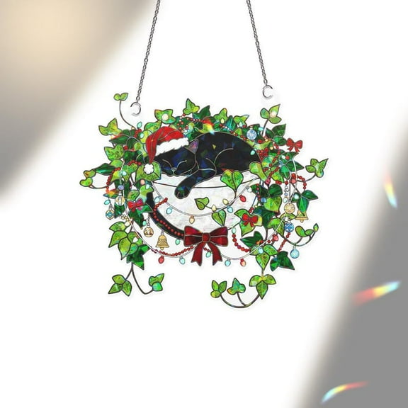 ViciArt Black Cat Christmas Window Hanging – Holographic Stained Glass Decor, 3.5" Acrylic Ornament