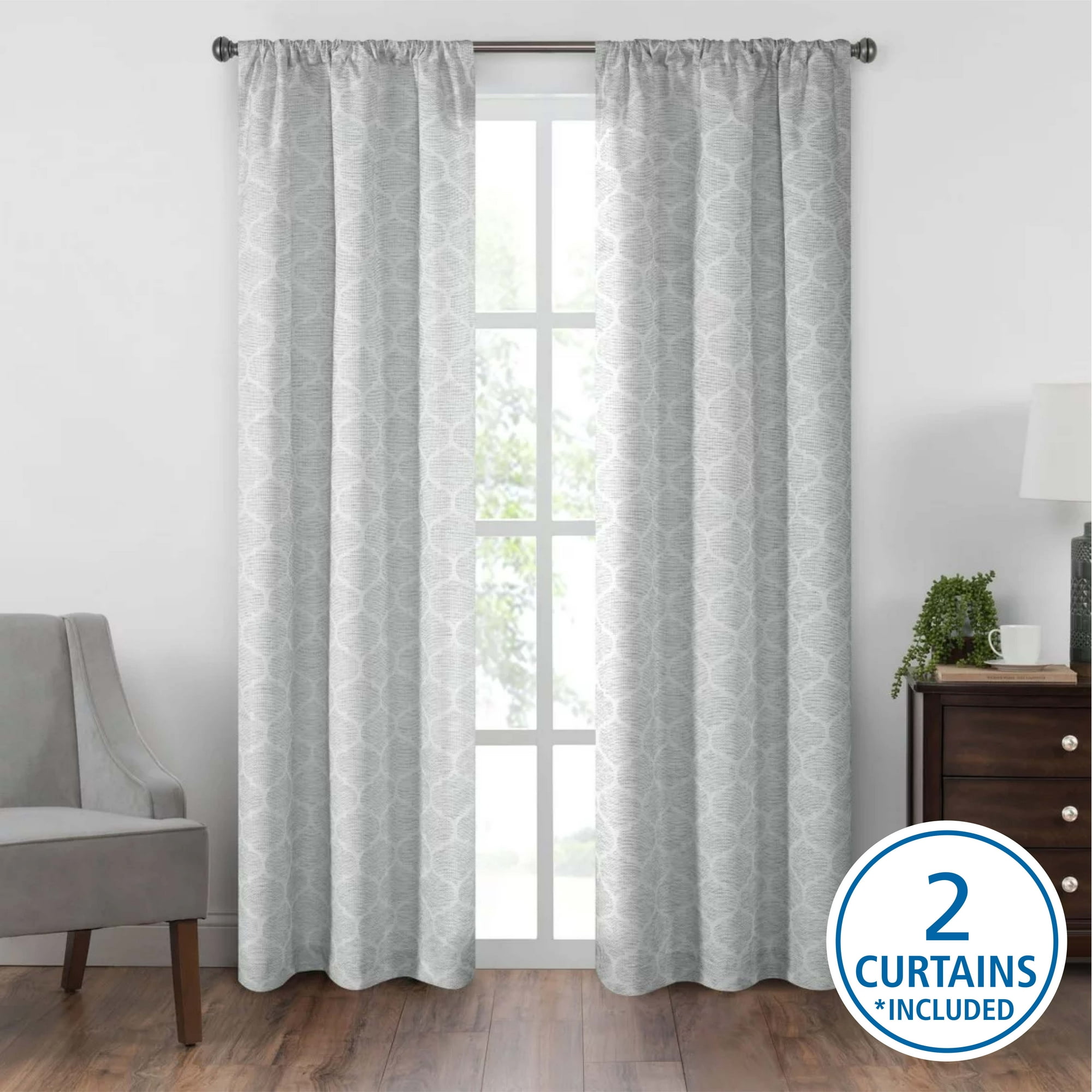 Mainstays Jacquard Blackout Curtain Panel Pair, Set of 2, Grey Lattice, 37 in W x 84 in L