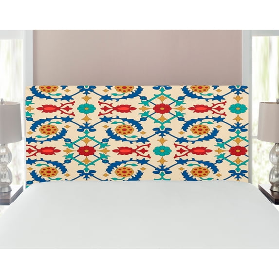 Moroccan Headboard, Nostalgic Eastern Art Motifs with Floral Ornaments with Baroque Inspiration Ethnic, Upholstered Decorative Metal Bed Headboard with Memory Foam, Full Size, Multicolor, by Ambesonne