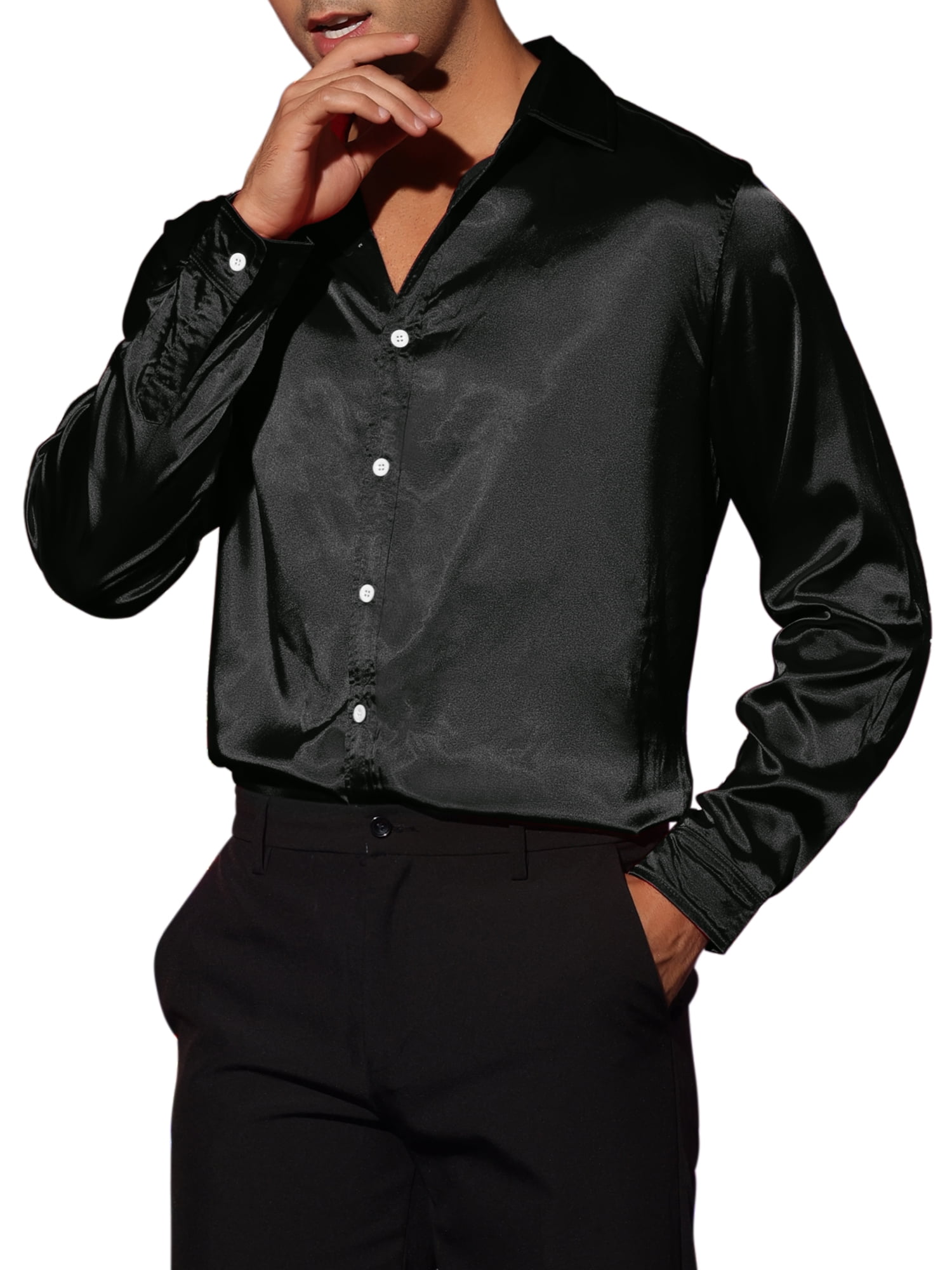 Unique Bargains Men's Satin V Neck Long Sleeves Button Down Prom Shirts XL Black