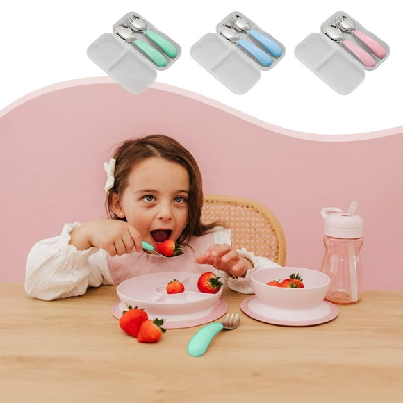 Juego de cubiertos portátiles de acero inoxidable para niños | Cuchara de tenedor de 3 piezas con estuche de transporte | Utensilios de viaje reutilizables para niños Entrenamiento Aprendizaje |