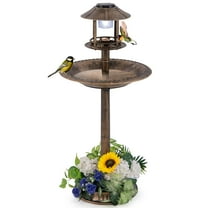 Costway 3-In-1 Pedestal Bird Bath with Solar Light with Bird Feeder & Flower Planter Antique Bronze