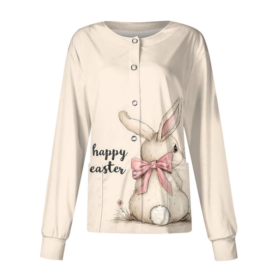 Easter Scrub Jackets Women Bunny and Eggs Printed Long Sleeve Nursing Top Crew Neck Cute Pattern Nurse Uniform with Pocket Beige 4XL