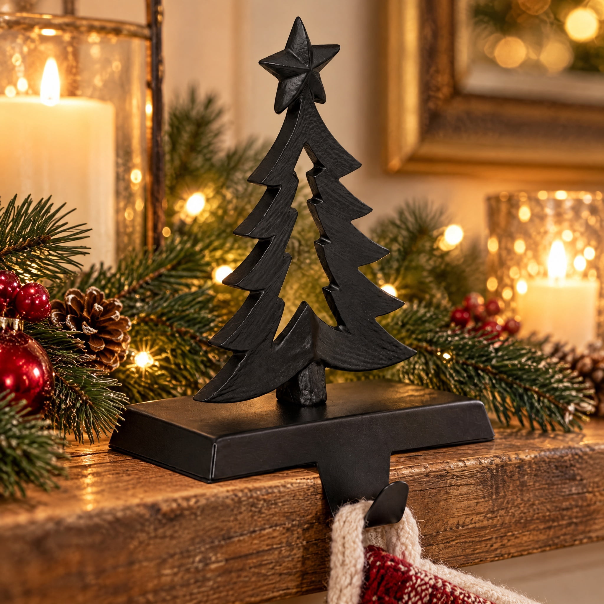 Aluminum Tree Christmas Stocking Holder, Black, 7.8", by Holiday Time