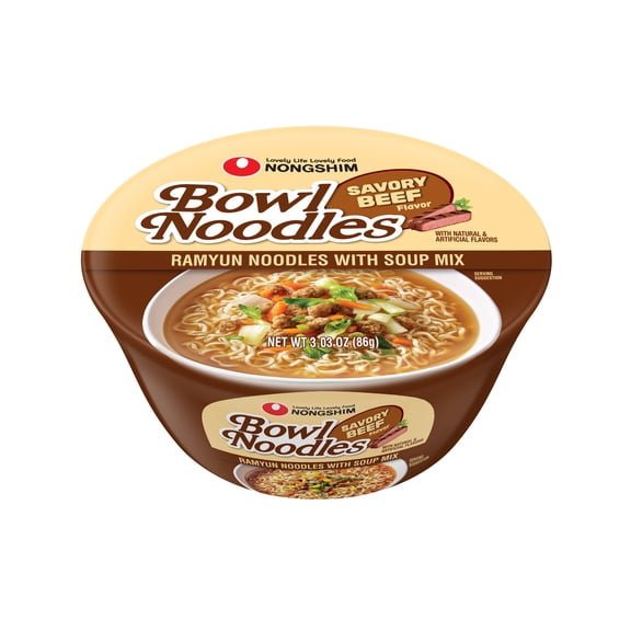 Nongshim Bowl Noodle Beef & Ginger Ramen Noodle Soup, 3.03 oz, Contains Wheat and Soy