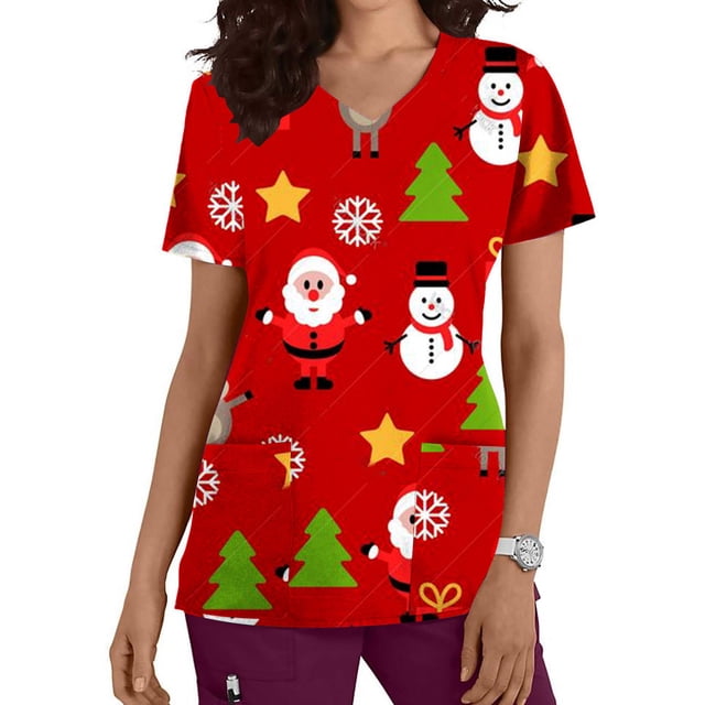 LSLJS Hauts pour Femmes à la Mode à Manches Courtes à Col en V Uniforme de Travail de Noël Imprimé avec Poche Blouse Hauts, Hauts de Sarrau de Noël