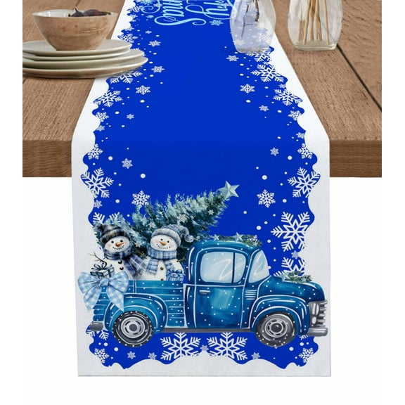 Table Runners 120 Inches Long Dress Scarves, Blue Christmas Truck Farmhouse Coffee/Dining/Kitchen Table Runner for Living Room, Xmas Tree Snowman Snowflake 13x120 Inch