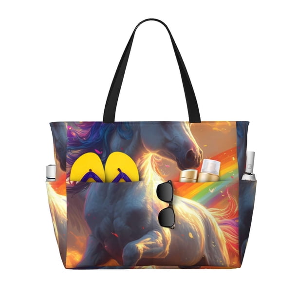 Disketp Rainbow Sunset Cloud White Horse Bolsa de Playa de Gran Capacidad, Bolso Impermeable y a Prueba de Arena para Mujer, Ideal para Playa, Piscina y Natación