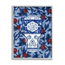 Stupell Industries Ornate Vase Red & Blue Pattern Botanical & Floral Painting Gray Framed Art Print Wall Art