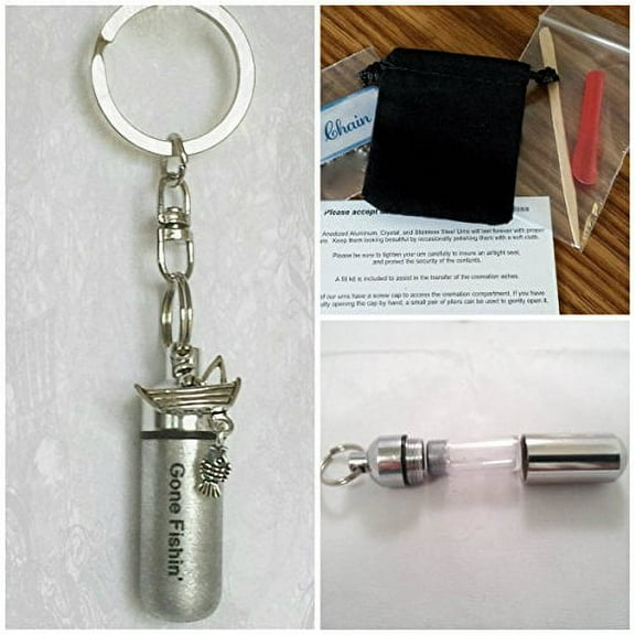 Engraved Brushed Silver  Gone Fishin  CREMATION URN with Fisherman ∧ Fish on Swivel Stainless Steel Keychain - Includes Velvet Pouch and Fill Kit